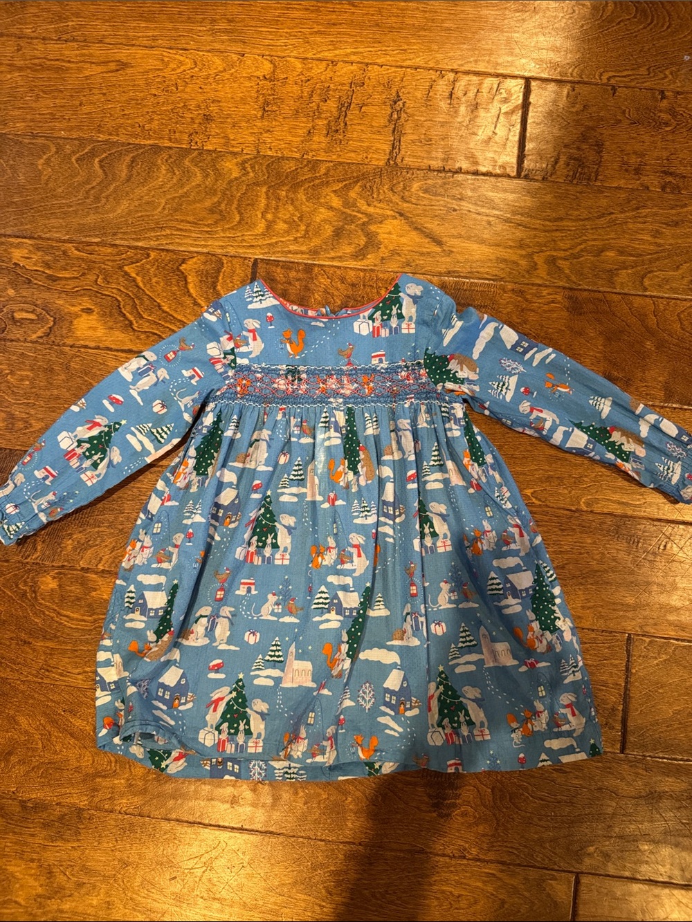 Mini Boden Girls' Blue Holiday Print Smocked Long-Sleeve Dress